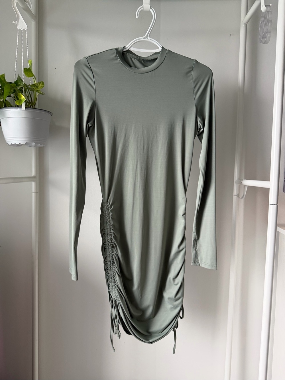 Long Sleeve Ruched Side Dress in Sage Green